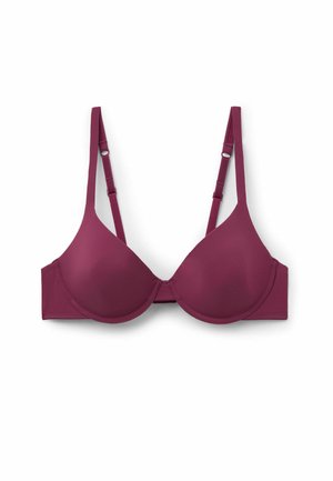 Burgundy wireless bra with molded cups, adjustable straps, and seamless design. Soft texture with hook-and-eye closure at the back.