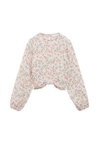 Top corto con maniche lunghe, realizzato in tessuto leggero. Presenta un motivo floreale nei colori rosa, verde e blu. Si chiude con una cerniera sul retro.