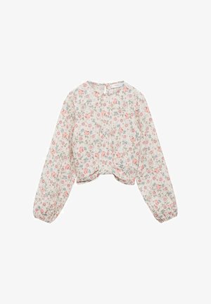 Top corto con maniche lunghe, realizzato in tessuto leggero. Presenta un motivo floreale nei colori rosa, verde e blu. Si chiude con una cerniera sul retro.