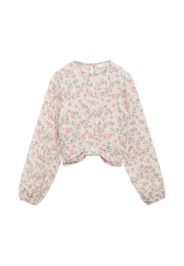Top corto con maniche lunghe, realizzato in tessuto leggero. Presenta un motivo floreale nei colori rosa, verde e blu. Si chiude con una cerniera sul retro.