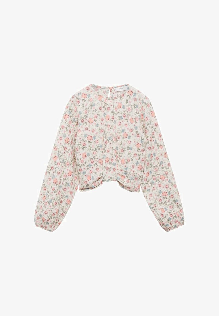 Crop top med lange ærmer, lavet af letvægtsstof. Har et blomstermønster i pink, grøn og blå. Lukkes med en lynlås bagpå.