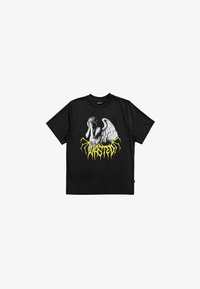 Černé bavlněné tričko s šedým grafickým motivem anděla a výrazným žlutým nápisem "WASTED" na spodní části. Krátké rukávy a design s kulatým výstřihem.