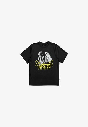 T-shirt en coton noir avec un graphique d'ange gris et "WASTED" en texte jaune vif en bas. Design à manches courtes et col rond.