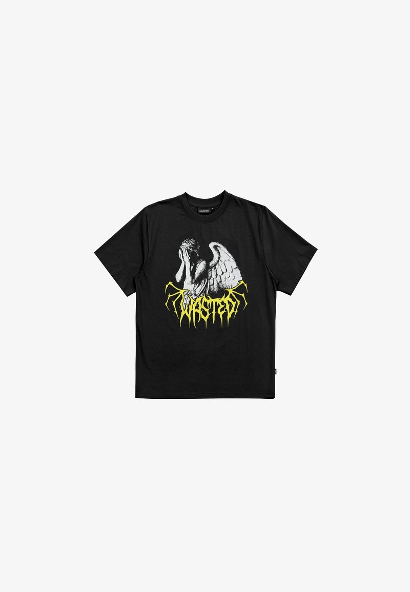 Černé bavlněné tričko s šedým grafickým motivem anděla a výrazným žlutým nápisem "WASTED" na spodní části. Krátké rukávy a design s kulatým výstřihem.