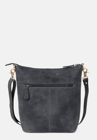 Black leather crossbody bag with gold hardware. Features a zippered pocket on the front and a sleek, smooth texture. Adjustable strap included.