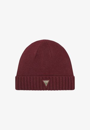 Cappello a maglia bordeaux a coste con risvolto e piccolo logo metallico triangolare al centro frontale.