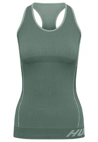 Grønneribbet sports tanktop med racerback-design, der har en solid kant og et logo på den nederste del. Blød tekstur, tætsiddende pasform.