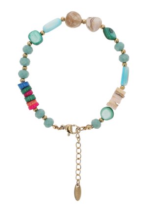 Helmikorusetti, jossa monivärisiä turkooseja, vihreitä, vaaleanpunaisia, beigejä ja sinisiä helmiä sekä kultainen hummerilukko ja jatkoketju.