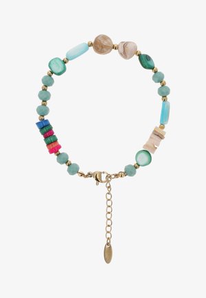 Brățară cu mărgele multicolore, în tonuri de turcoaz, verde, roz, bej și albastru, cu închizătoare de tip lobster aurie și lanț extensibil.