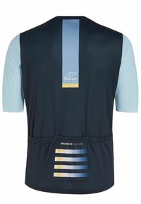 Maillot de cyclisme à manches courtes en bleu marine et bleu clair, featuring une bande verticale bleue, un logo et un design de poche rayée au dos.
