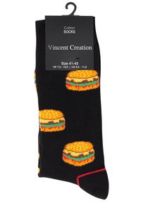 Chaussettes en coton noir présentant des motifs de hamburgers colorés. La carte inclut le nom de la marque "Vincent Creation" et des informations de taille.