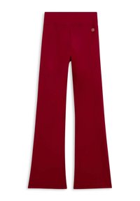Pantaloni svasati color bordeaux realizzati in tessuto morbido, caratterizzati da una vita alta e un sottile dettaglio del logo vicino alla parte posteriore.