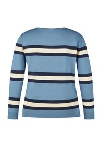 Blauer Langarmpullover mit horizontalen Streifen in Marineblau und Creme. Weicher Stoff mit rundem Ausschnitt und gerippten Bündchen und Saum.
