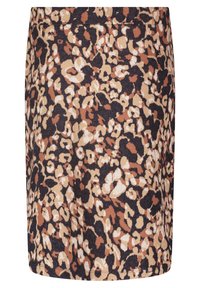Jupe longueur genoux avec un motif léopard audacieux en noir, marron, beige et crème.