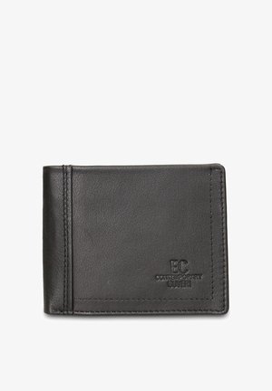 Zwarte leren portemonnee met een gladde textuur, voorzien van een kaartgleuf en een geperst logo aan de voorkant. Heeft minimalistische stikseldetails.