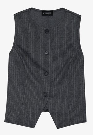 Gråstripete vest laget av stoff med tekstur, med fem svarte knapper og rund hals, med en skreddersydd passform.