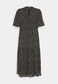 Robe midi noire avec manches courtes bouffantes, fermeture à boutons devant et motif de losanges blancs à pois sur l'ensemble.