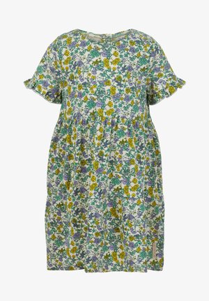 Kwiatowa sukienka z krótkimi rękawami, na białym tle z wielokolorowymi kwiatami w odcieniach żółtego, fioletowego i zielonego. Marszczona talia.