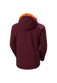 Waterdichte jas in donker bordeauxrood met een oranje capuchonvoering. Heeft een capuchon, lange mouwen en een soepele textuur. Merklot op de nek.