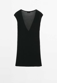 Zwarte mouwloze gebreide top met een diepe V-hals en een iets taps toelopende zoom, plat weergegeven op een witte achtergrond.