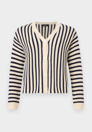 Cardigan tricoté à rayures crème et bleu marine, manches longues, col en V, et fermeture à boutons sur le devant.