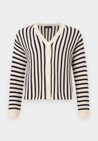 Krémový a námornícky modrý pruhovaný pletený sveter na zapínanie, s dlhými rukávmi, výstrihom do V a zapínaním na gombíky vpredu.