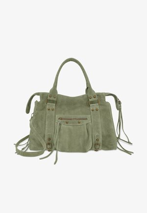 Sac à main en daim vert avec double poignée supérieure, poche avant zippée, sangles à boucle, pampilles latérales et bandoulière amovible.