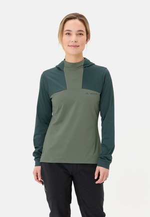 Lange mouw hoodie in twee tinten groen, met een naadloos ontwerp en een zachte, elastische stof voor comfort en bewegingsvrijheid.