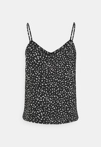 Musta toppi valkoisilla abstrakteilla laikkuilla, jossa on ohuet säädettävät olkaimet ja V-mallinen kaula-aukko. Pehmeä kangas, jolla on sileä pinta.