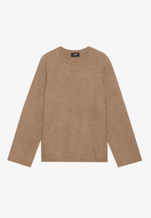 Brun strikkegenser med rund hals, lange ermer og en myk tekstur. Enkel design, uten mønstre eller dekorasjoner.