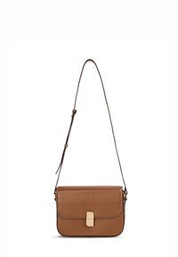 Brown leather crossbody bag with a magnetic closure, adjustable strap, and minimalistic design. Smooth texture with subtle stitching detail.