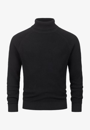 Zwarte coltrui in een gestructureerde breiwijze met een getailleerde pasvorm, voorzien van geribde manchetten en zoom voor een comfortabele pasvorm.