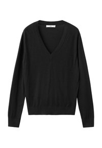 Pull noir à manches longues avec col en V, poignets et ourlet côtelés, présenté à plat sur fond blanc.