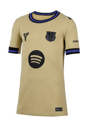 Maillot de sport doré avec des accents noirs, doté de manches courtes, d'un col rond, d'un logo brodé et d'un logo Spotify imprimé sur le devant.