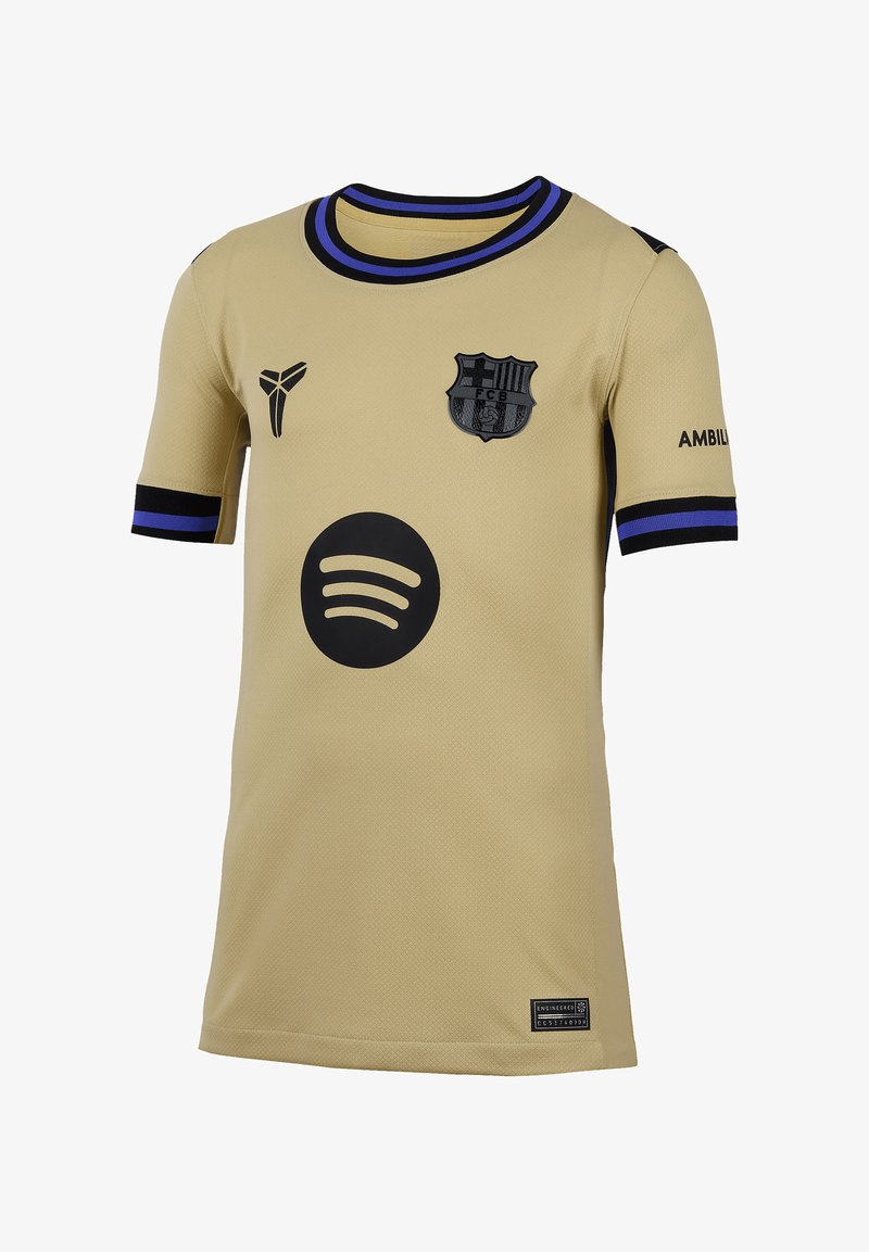 Goldfarbene Sporttrikot mit schwarzen Akzenten, kurzer Ärmel, runder Kragen, gesticktes Logo und gedrucktes Spotify-Logo auf der Vorderseite.
