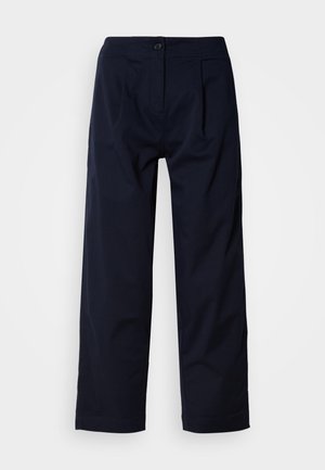 Tmavomodré nohavice s širokými nohavicami a hladkou textúrou, vybavené predným zapínaním na gombíky a záhybmi pre zvýraznenie detailov.