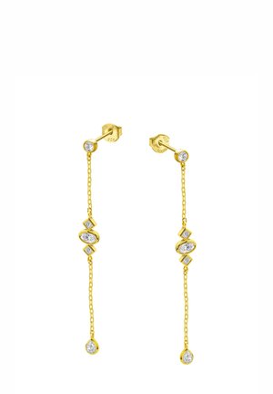 Gold-tone drop earrings feature a chain design, adorned with clear crystals in various shapes, including marquise and round cuts.