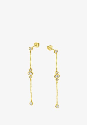 Gold-tone drop earrings feature a chain design, adorned with clear crystals in various shapes, including marquise and round cuts.