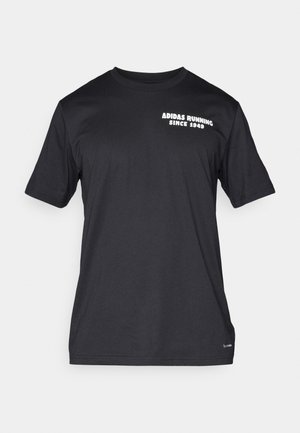 Black short-sleeve t-shirt made of lightweight fabric, featuring "ADIDAS RUNNING SINCE 1949" in white text on the left chest.