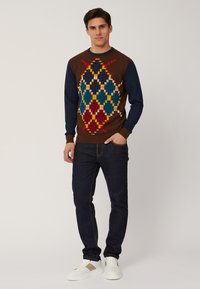 Bruine trui met kleurrijk ruitpatroon, donkerblauwe mouwen, geribde boorden, gecombineerd met donkere spijkerbroek en witte sneakers, staande figuur.