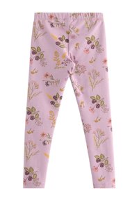 Lyserøde leggings med blomsterprint i grønne, lilla og gule nuancer. Fremstillet af et blødt, strækbart stof. Elastisk talje.
