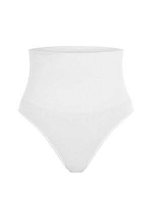 Hoge taille witte slip gemaakt van ribbelstof met een gladde textuur, met een ruitpatroon op de tailleband en naadloze randen.