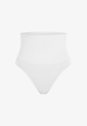 Hoge taille witte slip gemaakt van ribbelstof met een gladde textuur, met een ruitpatroon op de tailleband en naadloze randen.