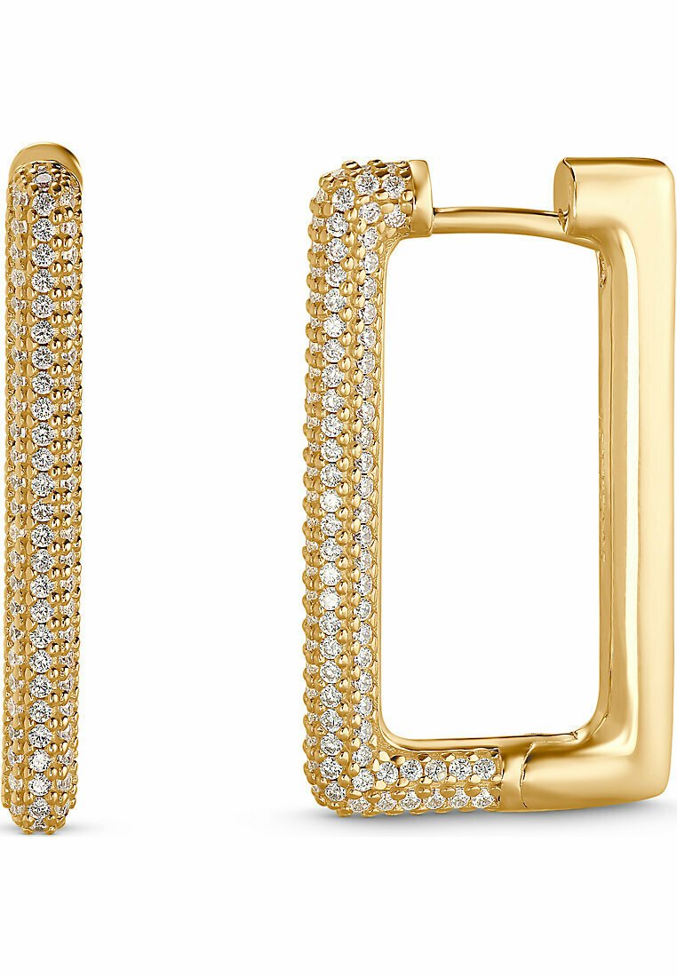 Orecchini in oro a forma rettangolare, decorati con cristalli chiari scintillanti lungo un bordo, che offrono una finitura testurizzata.