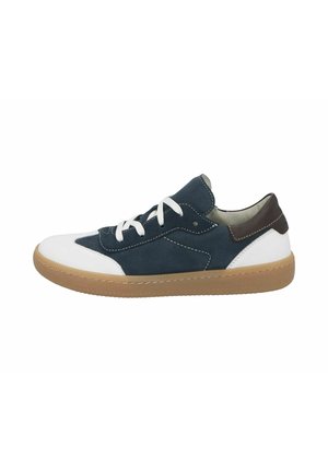 Low-top sneaker with navy blue suede, white leather toe and heel accents, brown leather collar, white laces, and light brown rubber sole.