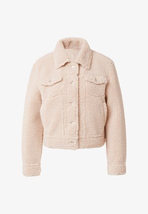 Cream-colored cropped jacket with textured fleece fabric, button front closure, two chest flap pockets, and long sleeves.