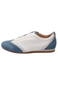 White leather sneakers with blue suede accents. Features perforated detailing and a low-profile rubber sole. Laced design with rounded toe.