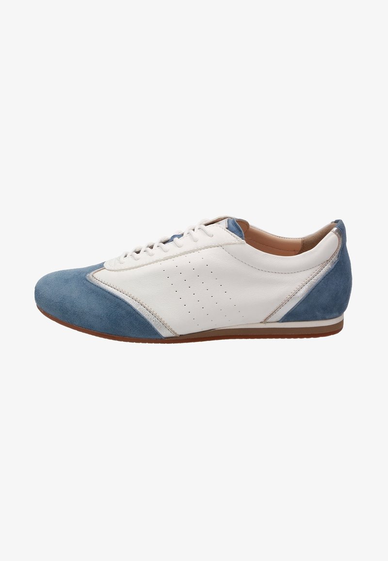 White leather sneakers with blue suede accents. Features perforated detailing and a low-profile rubber sole. Laced design with rounded toe.