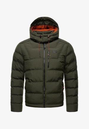 Green puffer jacket with a hood, orange lining, quilted texture, zip front, and contrasting hardware detail on the chest and sleeves.