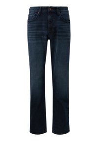 Jeans de mezclilla azul oscura con un diseño de pierna recta, que cuentan con cinco bolsillos, acentos de remaches de cobre y un cierre clásico de botón.